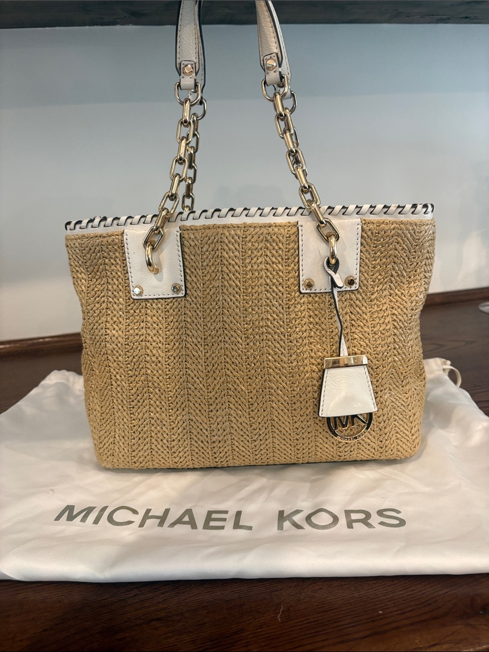 Michael Kors Beige Straw Rosalie Tote with White Trim and Gold Chains